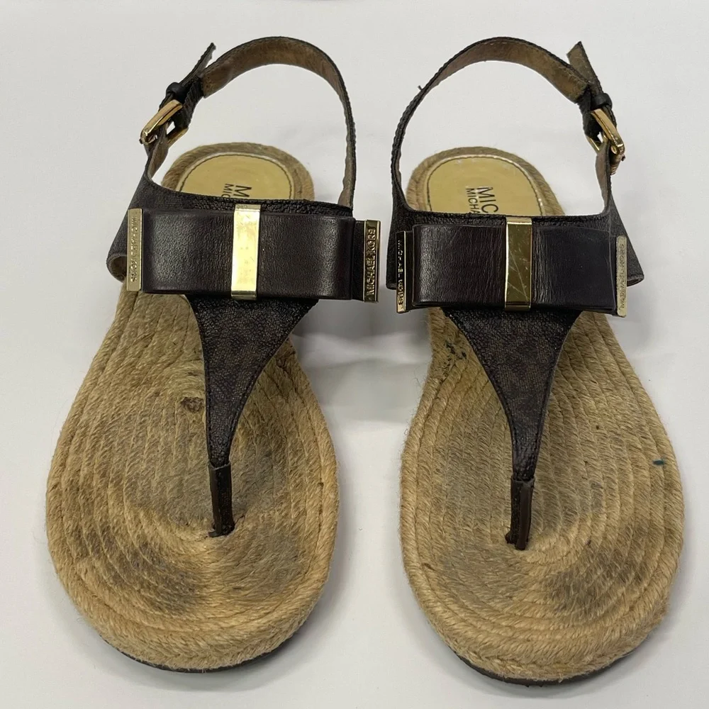 Michael Kors Espadrille Thongs Sandals Gold Brown Bow Flat Sandal Boho Vacation